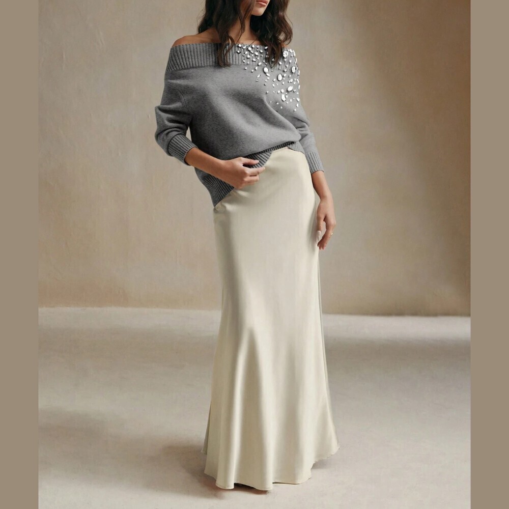Gray Rhinestone Embellished Off Shoulder Ribbed Knit Sweater - Picture 9 of 11